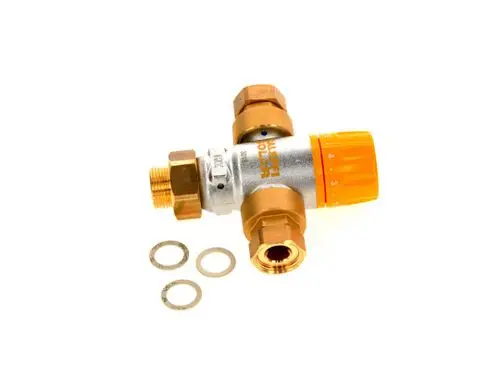 Thermostatmischer von Bosch mit einem orangefarbenen Einstellknopf und zwei Anschlussgewinden, dazu drei Unterlegscheiben.